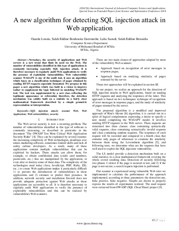 (PDF) A new algorithm for detecting SQL injection attack in Web application