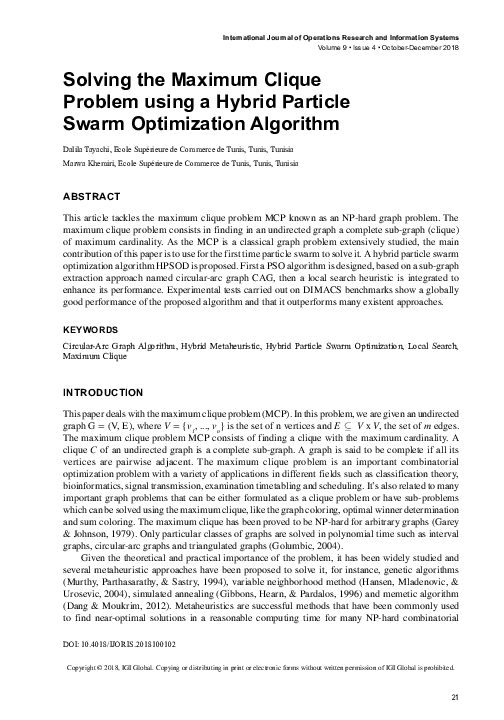 (PDF) Solving the Maximum Clique Problem using a Hybrid Particle Swarm ...