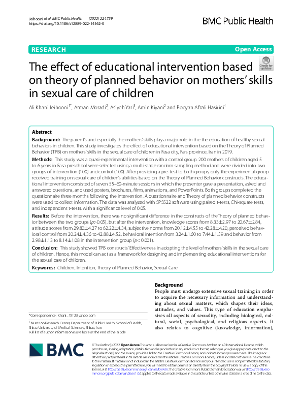 (PDF) The effect of educational intervention based on theory of planned ...