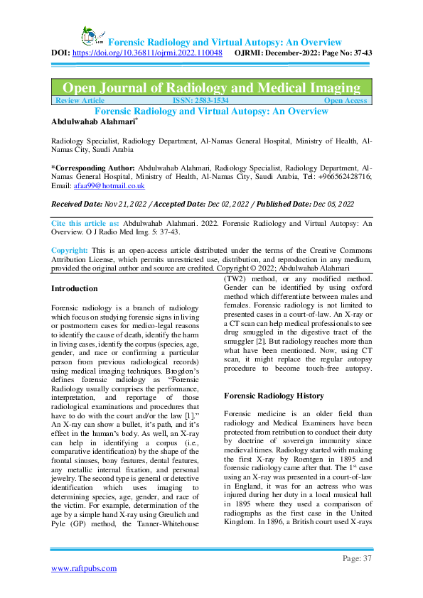 (PDF) Forensic Radiology and Virtual Autopsy: An Overview