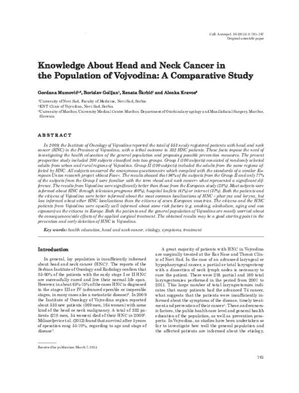 (PDF) Knowledge About Head and Neck Cancer in the Population of ...