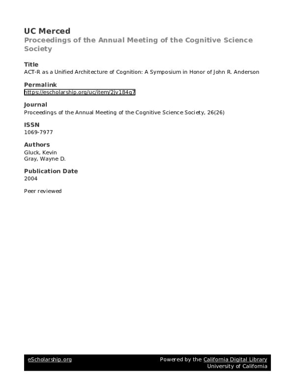 (PDF) ACT-R as a Unified Architecture of Cognition: A Symposium in ...