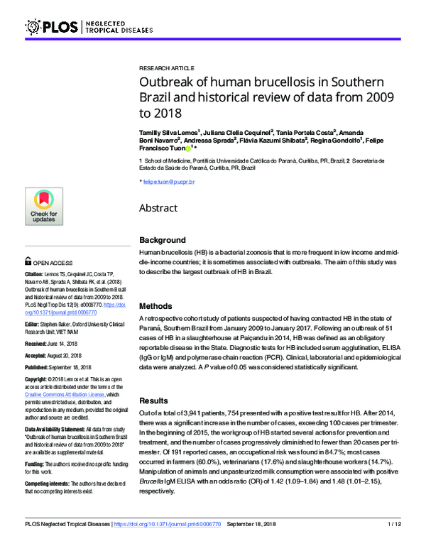(PDF) Outbreak of human brucellosis in Southern Brazil and historical ...