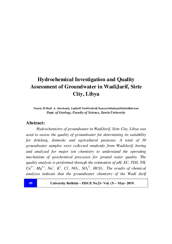(PDF) Hydrochemical Investigation and Quality Assessment of Groundwater ...