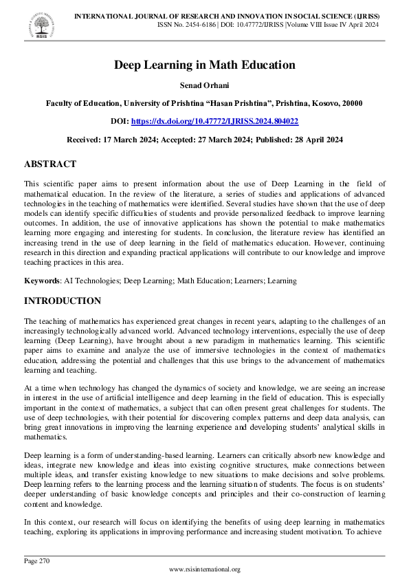 (PDF) Deep Learning in Math Education