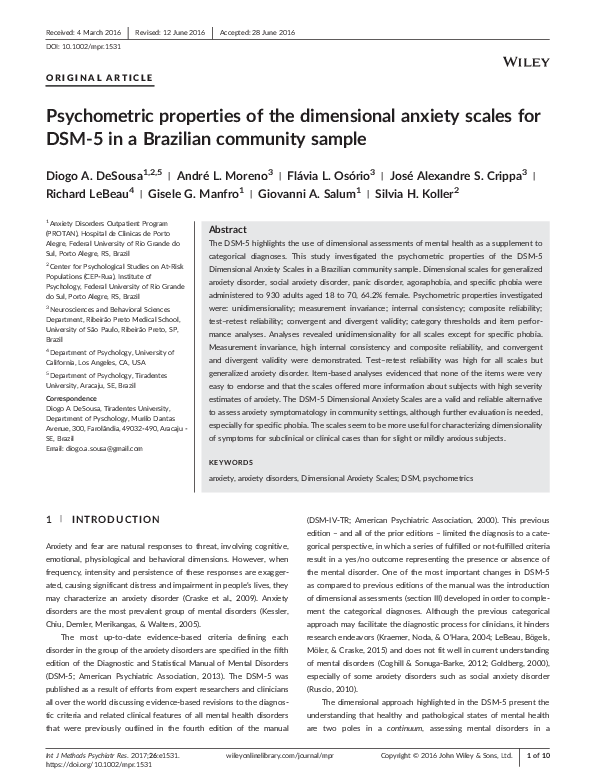 (PDF) Psychometric properties of the dimensional anxiety scales for DSM ...