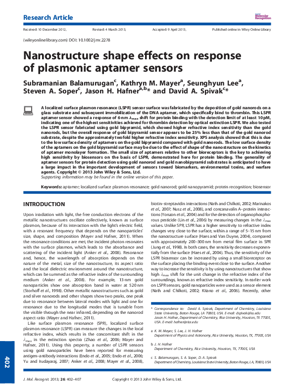 (PDF) Nanostructure shape effects on response of plasmonic aptamer sensors