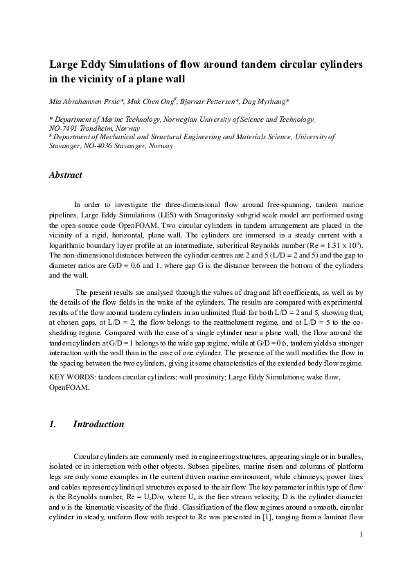 (PDF) Large Eddy simulations of flow around tandem circular cylinders ...