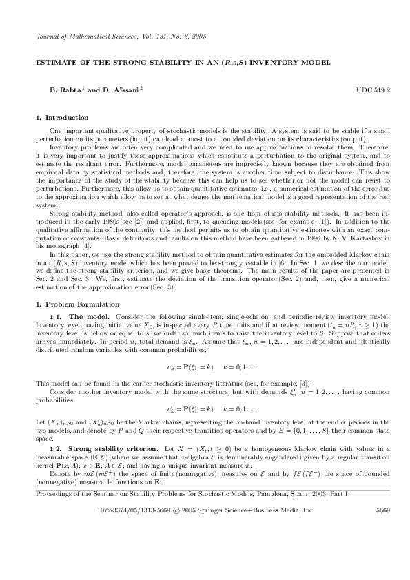 (PDF) Estimate of the Strong Stability in an (R,s,S) Inventory Model