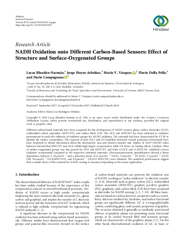 (PDF) NADH Oxidation onto Different Carbon-Based Sensors: Effect of ...