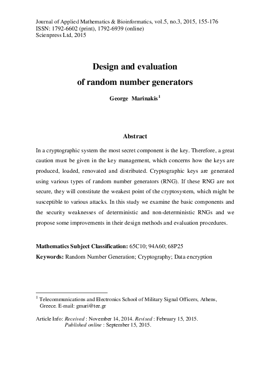 (PDF) Design and evaluation of random number generators