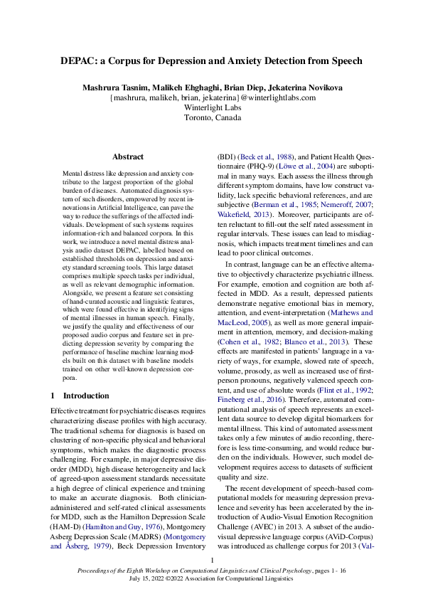 (PDF) DEPAC: a Corpus for Depression and Anxiety Detection from Speech