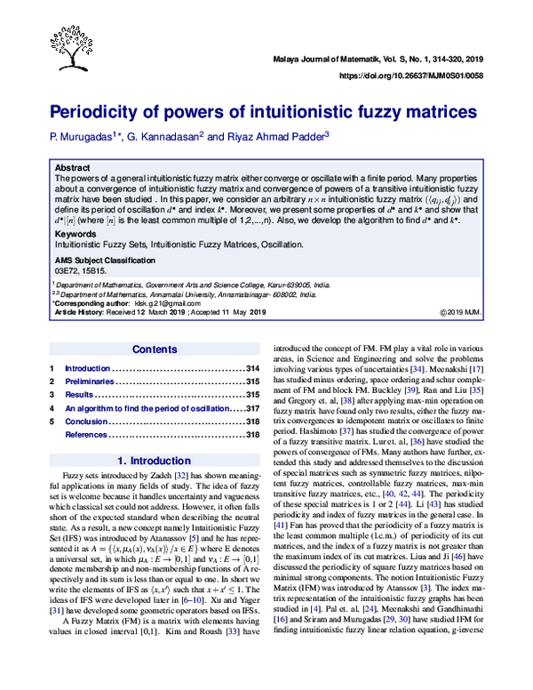 (PDF) Periodicity of powers of intuitionistic fuzzy matrices