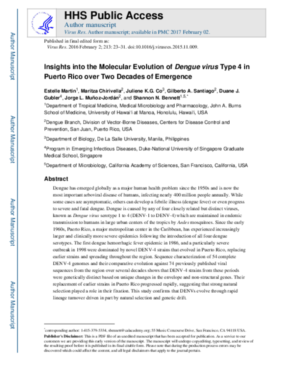 (PDF) Insights into the molecular evolution of Dengue virus type 4 in ...