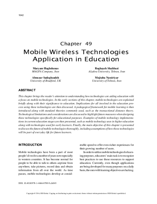(PDF) Mobile Wireless Technologies Application in Education