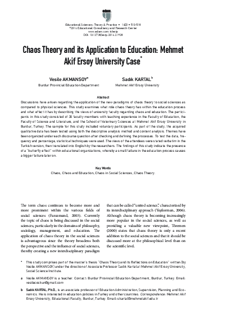(PDF) Chaos Theory and its Application to Education: Mehmet Akif Ersoy ...