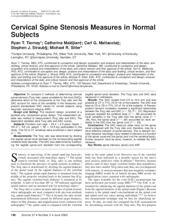 (PDF) Cervical Spine Stenosis Measures in Normal Subjects