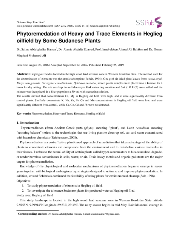 (PDF) Phytoremedation of Heavy and Trace Elements in Heglieg oilfield ...
