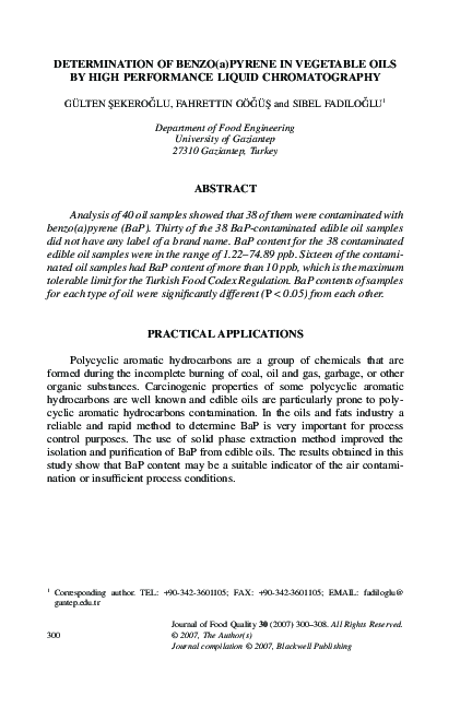 (PDF) DETERMINATION OF BENZO(a)PYRENE IN VEGETABLE OILS BY HIGH ...