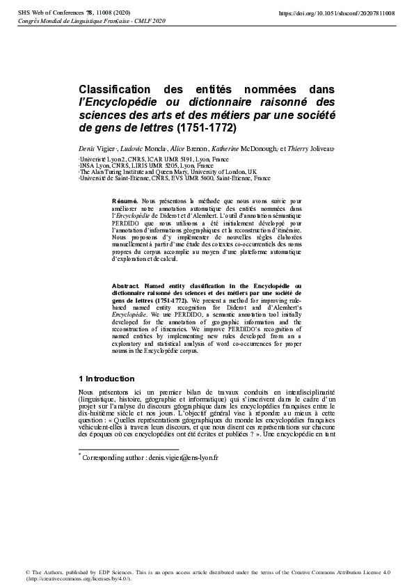 (PDF) Classification des entités nommées dans l’Encyclopédie ou ...