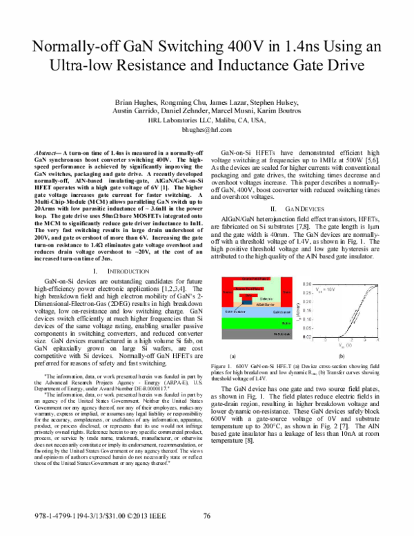 (PDF) Normally-off GaN switching 400V in 1.4ns using an ultra-low ...