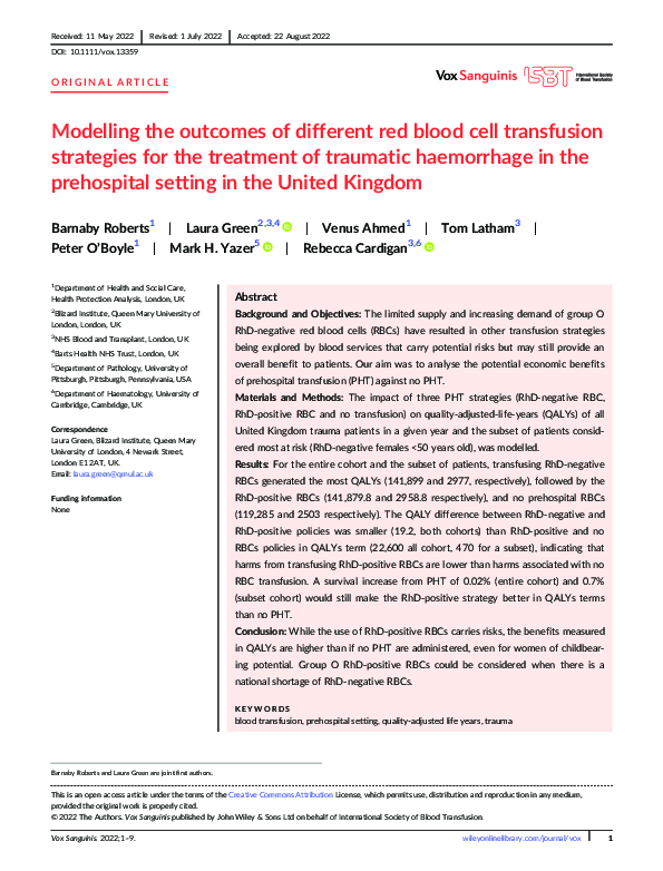 (PDF) Modelling the outcomes of different red blood cell transfusion ...