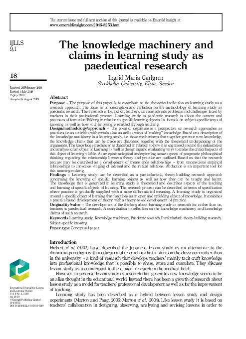(PDF) The knowledge machinery and claims in learning study as ...