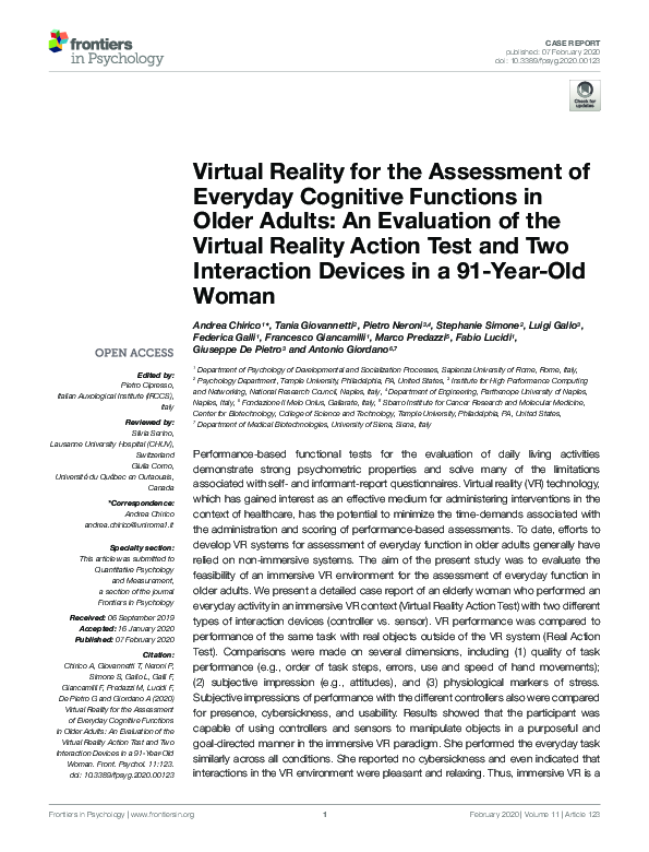 (PDF) Virtual Reality for the Assessment of Everyday Cognitive ...