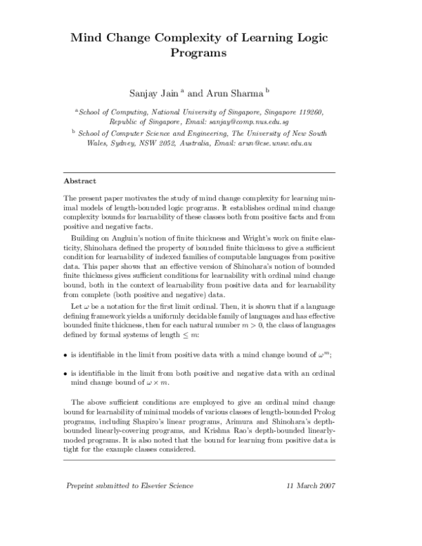 (PDF) Mind change complexity of learning logic programs