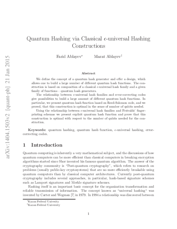 (PDF) Quantum Hashing via Classical ε-universal Hashing Constructions