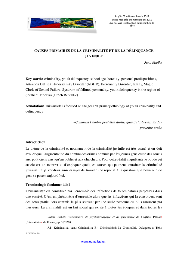 (PDF) Causes Primaires De La Criminalité et De La Délinquance Juvénile