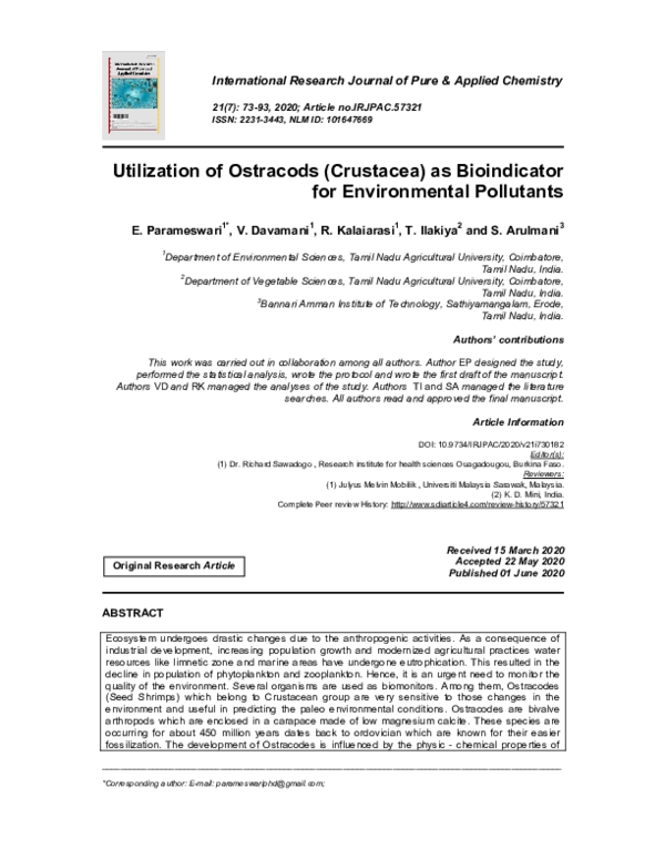 (PDF) Utilization of Ostracods (Crustacea) as Bioindicator for ...