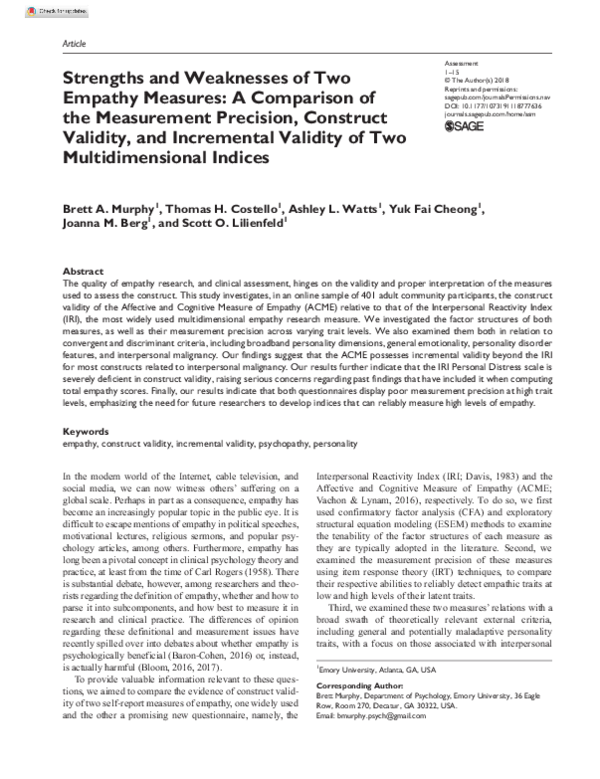 (PDF) Strengths and Weaknesses of Two Empathy Measures: A Comparison of ...