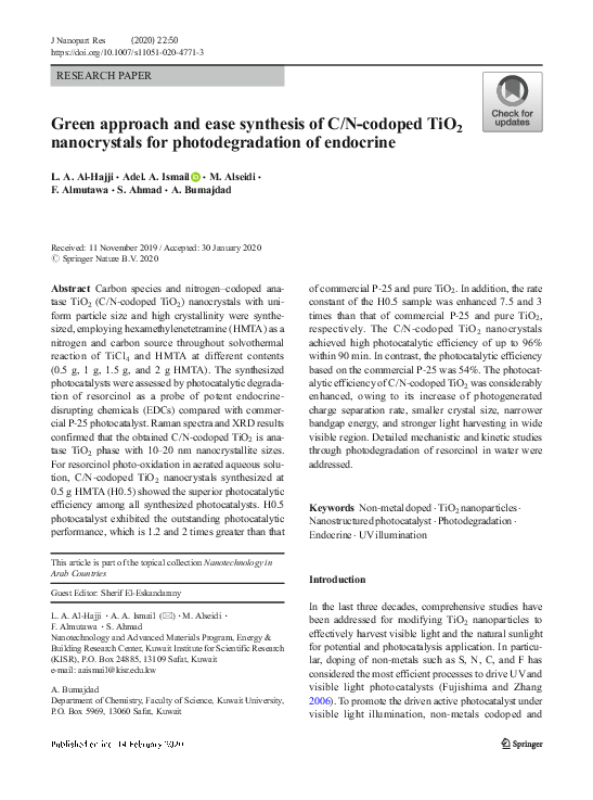 (PDF) Green approach and ease synthesis of C/N-codoped TiO2 ...
