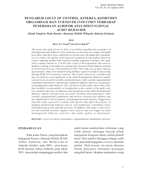 (PDF) PENGARUH LOCUS OF CONTROL , KINERJA , KOMITMEN ORGANISASI DAN ...