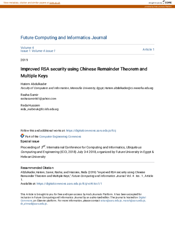 (PDF) Improved RSA security using Chinese Remainder Theorem and ...
