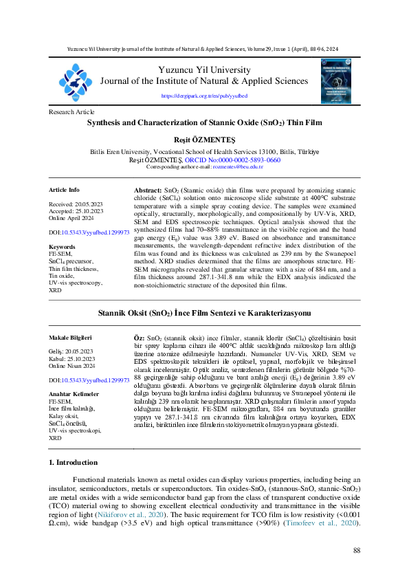 (PDF) Synthesis and Characterization of Stannic Oxide (SnO 2 ) Thin Film