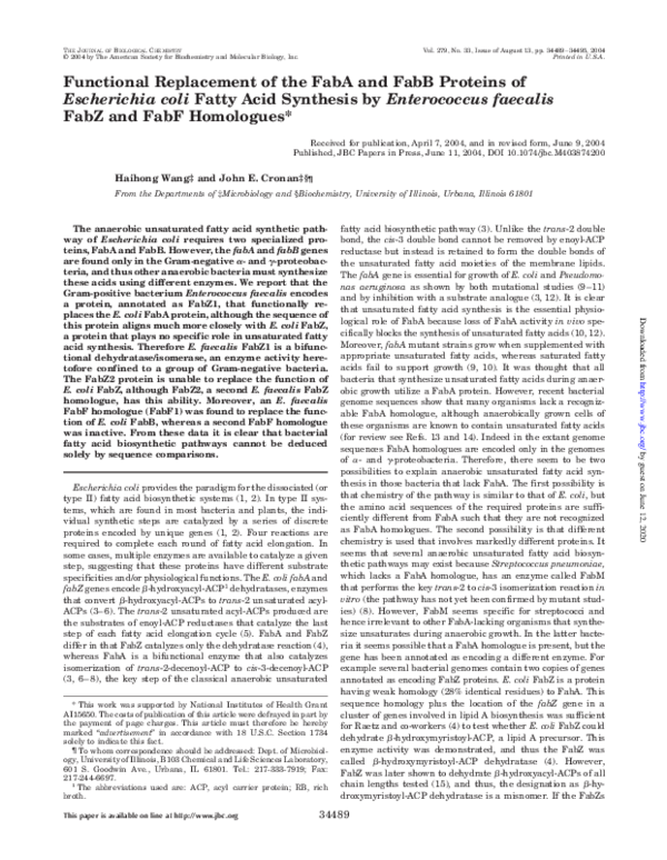 (PDF) Functional Replacement of the FabA and FabB Proteins of ...