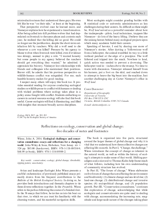 (PDF) Reflections on ecology, conservation and global change: five ...
