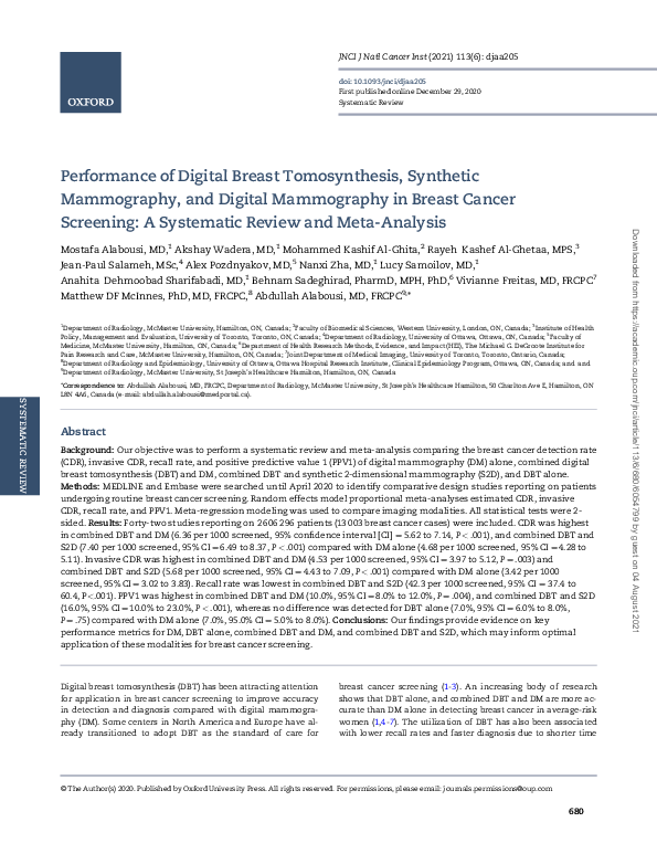 (PDF) Performance of Digital Breast Tomosynthesis, Synthetic ...