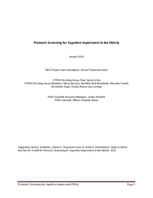 (PDF) Protocol: Screening for Cognitive Impairment in the Elderly