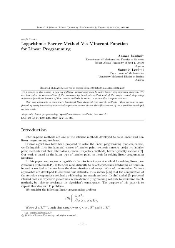 (PDF) Logarithmic Barrier Method Via Minorant Function for Linear ...