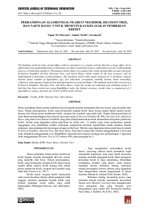 (PDF) Perbandingan Algoritma K-Nearest Neighbor, Decision Tree, Dan ...