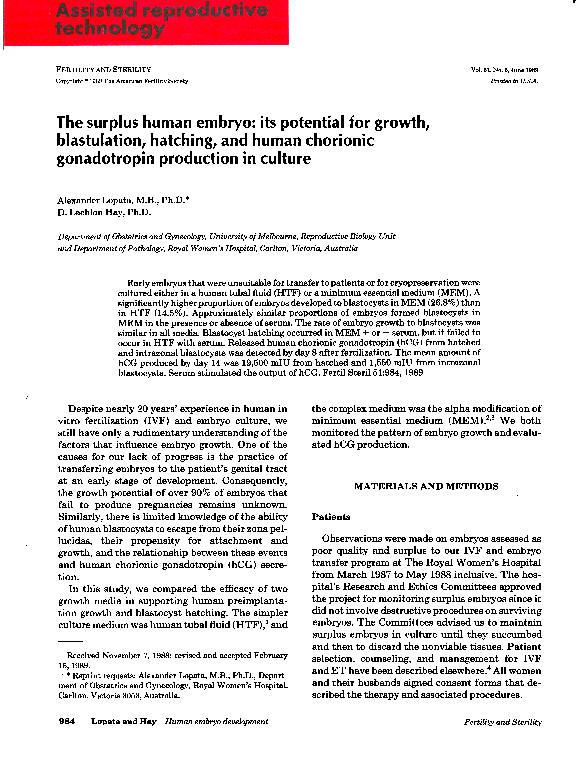 (PDF) The surplus human embryo: its potential for growth, blastulation ...