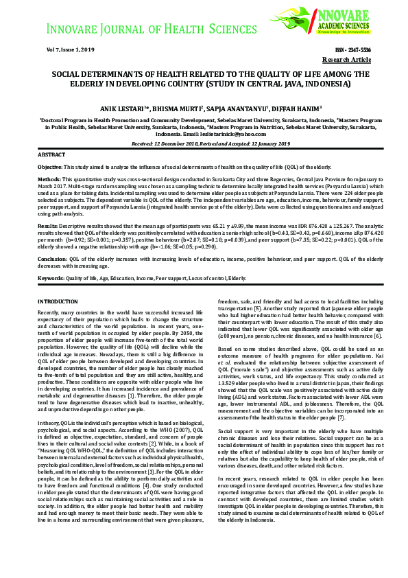 (PDF) Social Determinants of Health Related to the Quality of Life ...