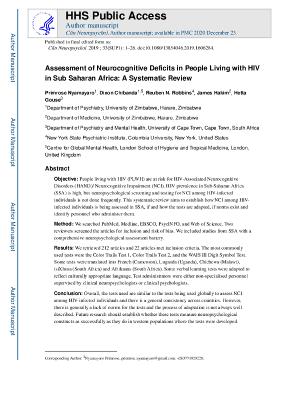(PDF) Assessment of neurocognitive deficits in people living with HIV ...