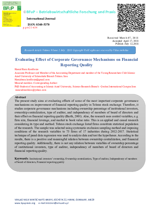 (PDF) Evaluating Effect of Corporate Governance Mechanisms on Financial ...