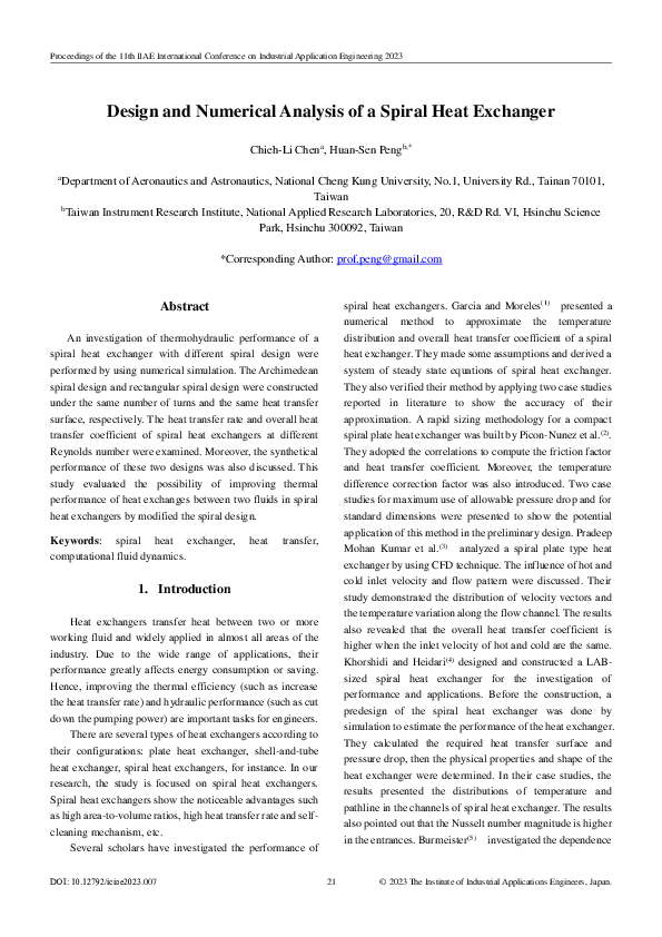 (PDF) Design and Numerical Analysis of a Spiral Heat Exchanger