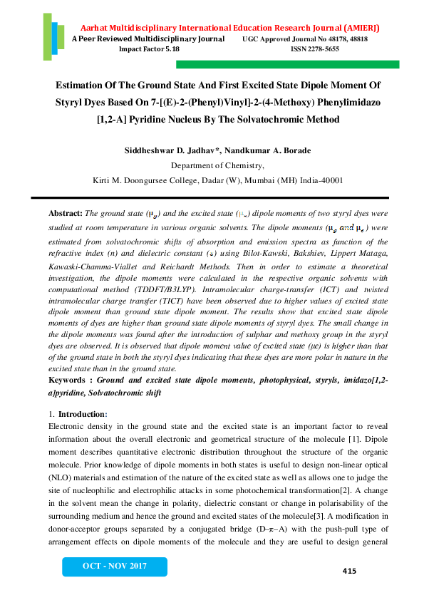 (PDF) Estimation Of The Ground State And First Excited State Dipole ...