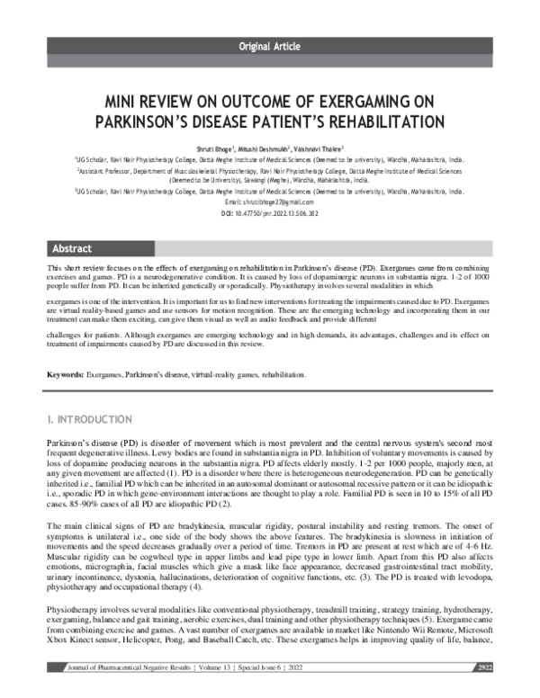 (PDF) Mini Review on Outcome of Exergaming on Parkinson’s Disease ...
